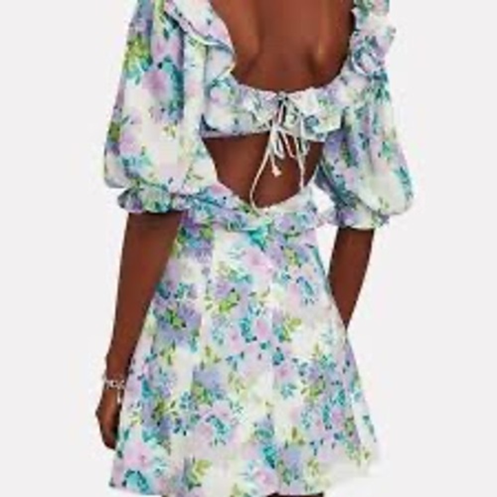 For Love & Lemons Floral Ruffle Open Back Puff Sleeve Mini Dress Size L
